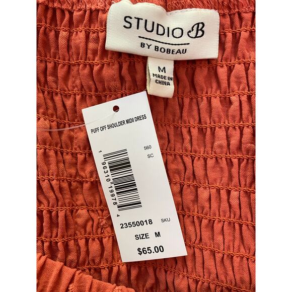 NWT Studio B by Bobeau Women's M Orange Puff Sleeve Off the Shoulder Midi Dress - Picture 5 of 7